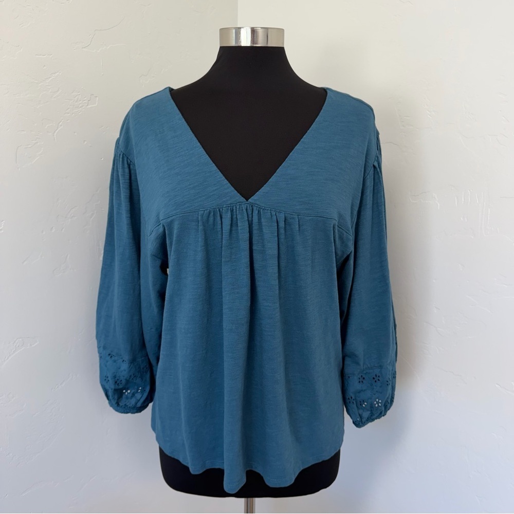 Garnet Hill Teal V-Neck Blouse with Eyelet Cuffs